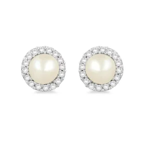 Jewelili 10K Yellow Gold 4 MM Half Drill Button Round Pearl and 1/10 CTTW Natural White Round Diamonds Stud Earrings