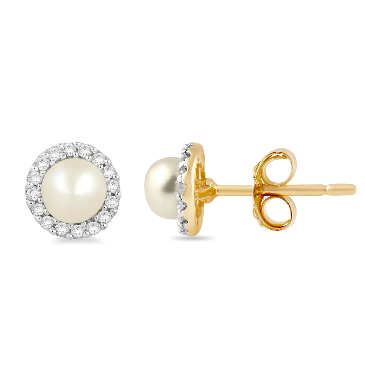 Jewelili 10K Yellow Gold 4 MM Half Drill Button Round Pearl and 1/10 CTTW Natural White Round Diamonds Stud Earrings