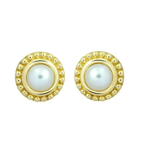 Jewelili 10K Yellow Gold with White Round Button Half Drill Pearl Stud Earrings