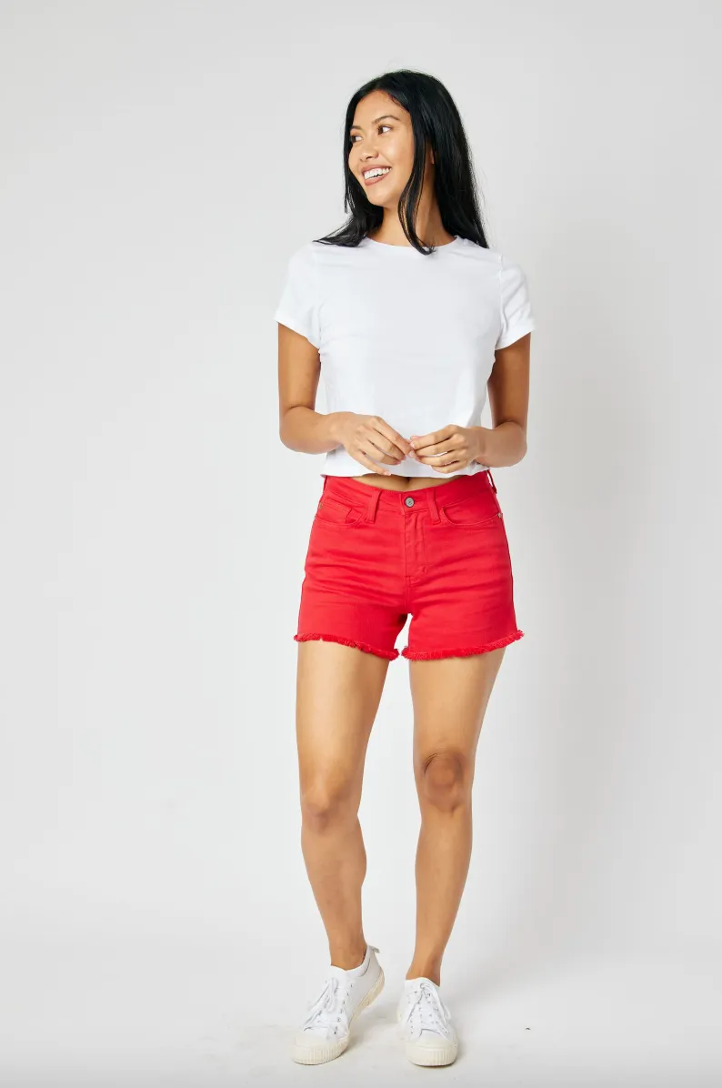 Judy Blue Garment Dyed Fray Hem Shorts - Red