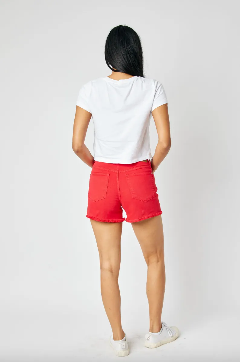 Judy Blue Garment Dyed Fray Hem Shorts - Red