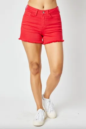 Judy Blue Garment Dyed Fray Hem Shorts - Red