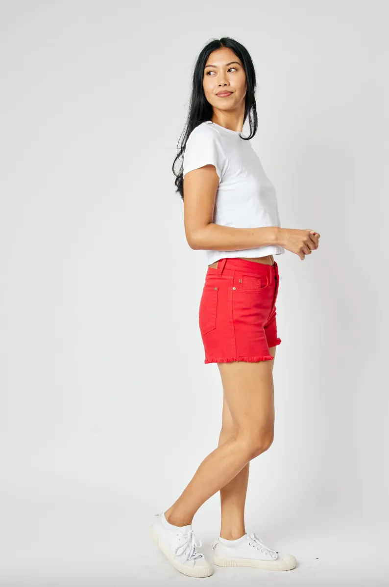 Judy Blue Garment Dyed Fray Hem Shorts - Red