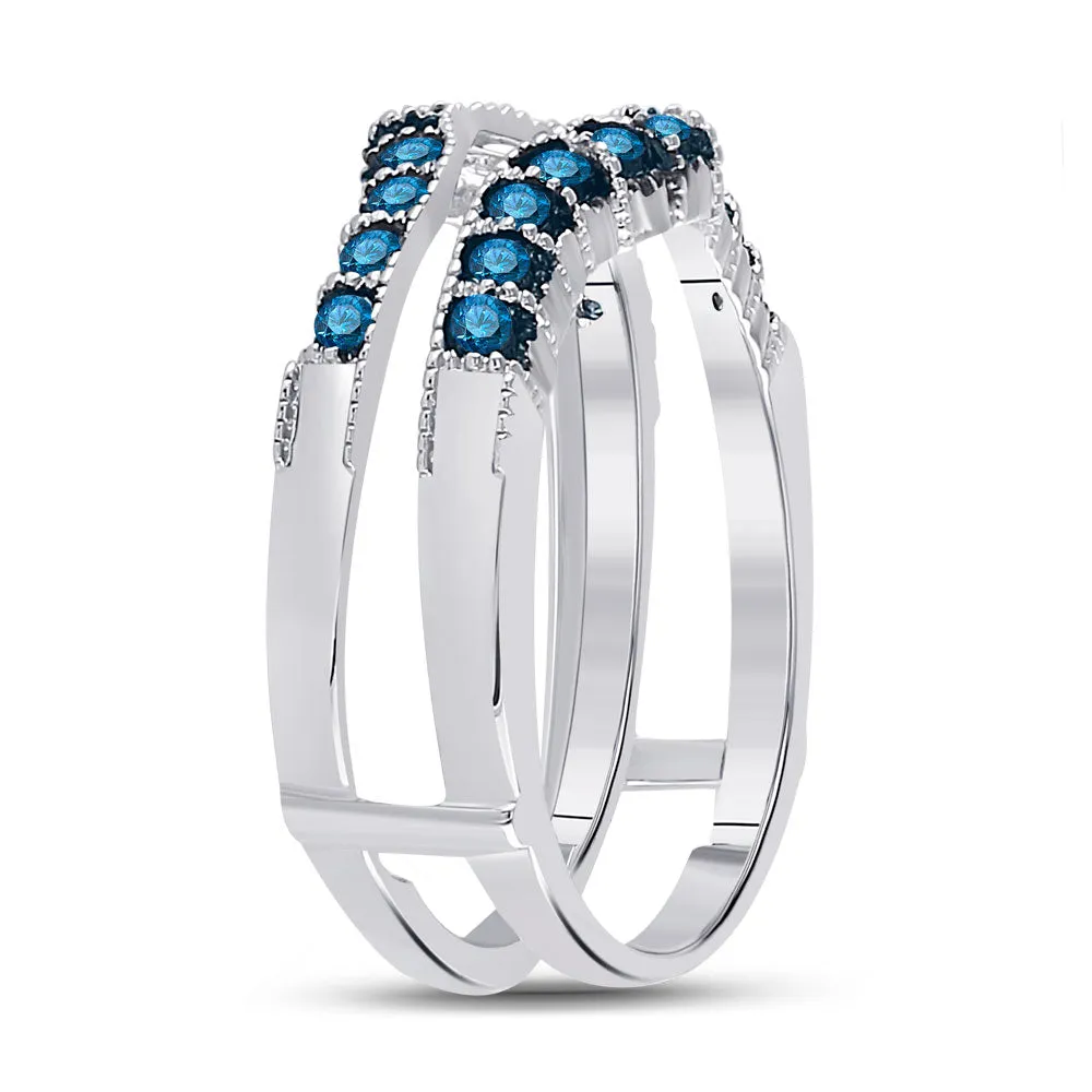 Keene Jewelers 14kt White Gold Womens Round Blue Color Enhanced Diamond Wrap Enhancer Wedding Band 1/3 Cttw