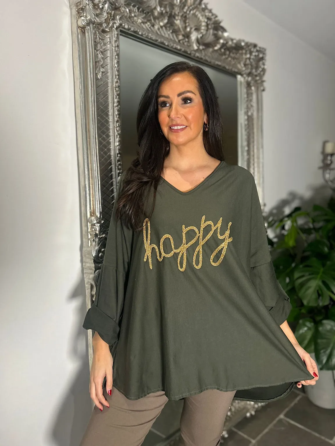 Khaki Happy Slogan Sweatshirt Sam