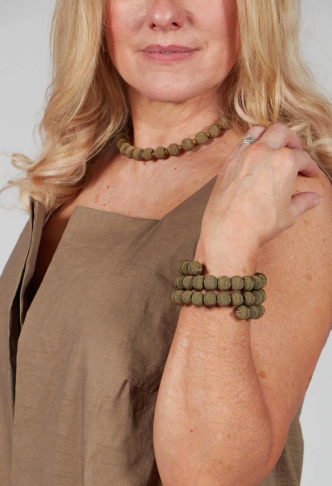 Khaki Springwire Woven Ball Bracelet