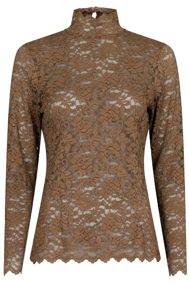 Liza Laceflower Blouse | Dark Taupe | Bluse fra Neo Noir