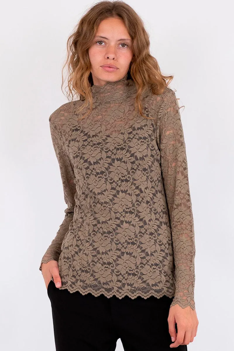 Liza Laceflower Blouse | Dark Taupe | Bluse fra Neo Noir