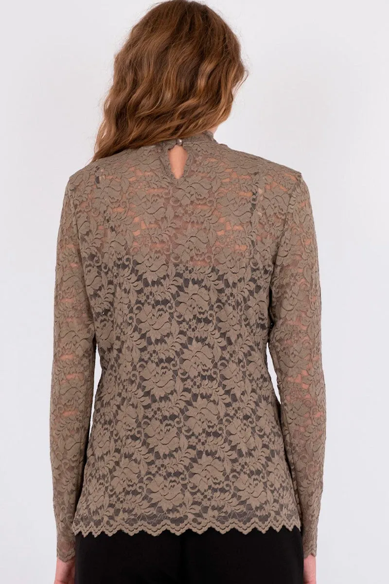 Liza Laceflower Blouse | Dark Taupe | Bluse fra Neo Noir