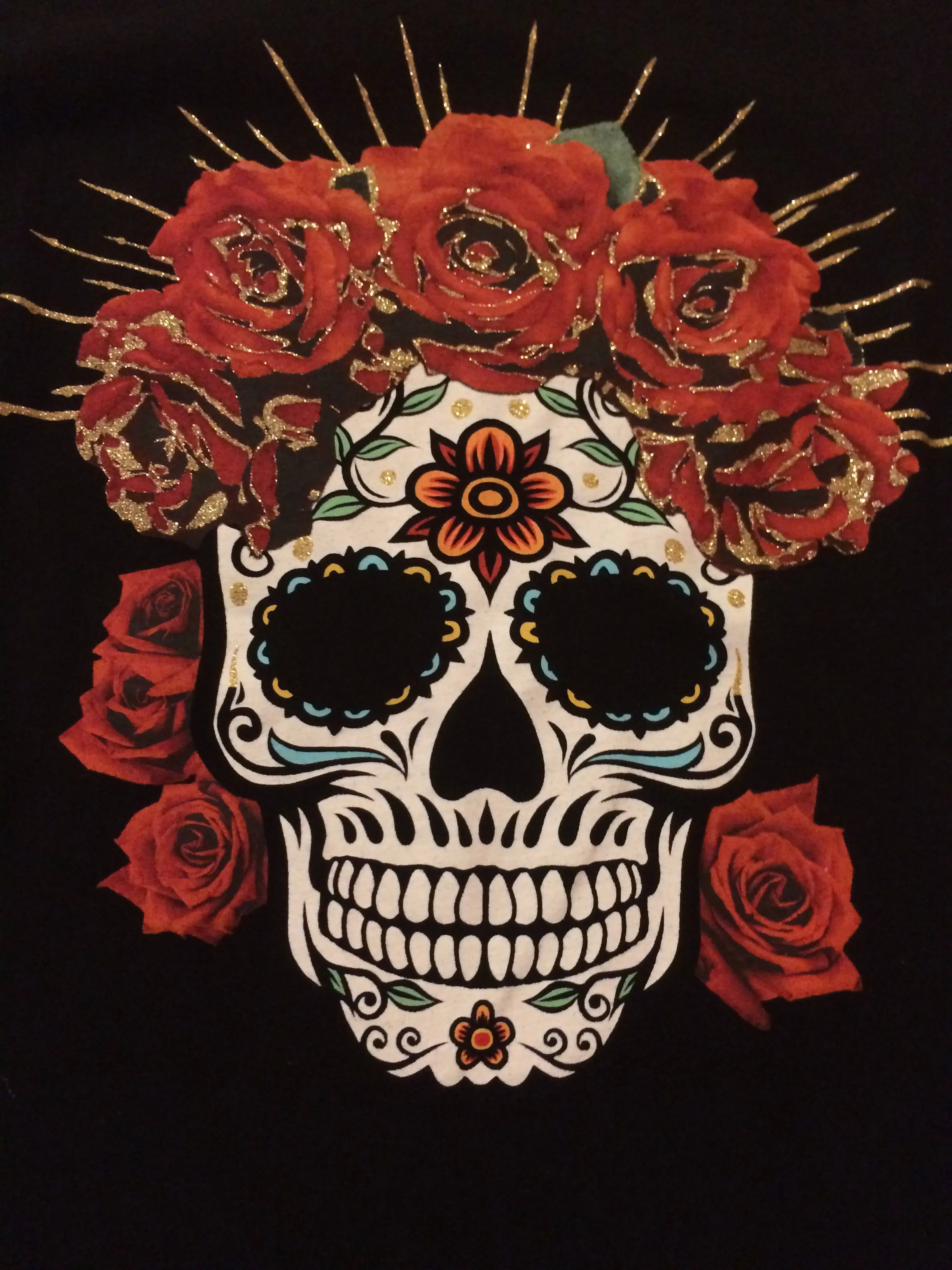 Maggie Devos-DOD blk tee-skull w/roses-Size S (3-5)