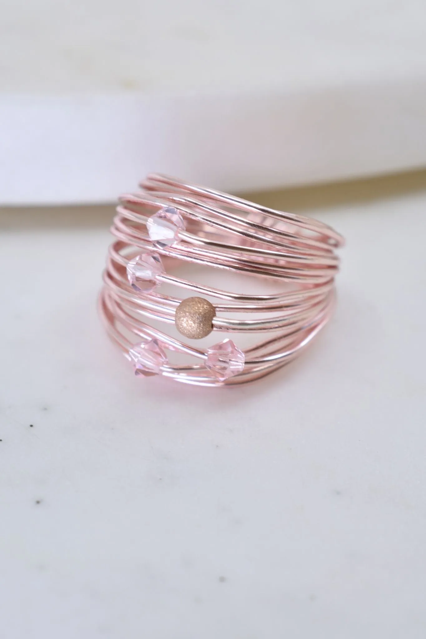 Marcia Rose Gold Wire Wrap Ring with Light Pink Swarovski Crystals