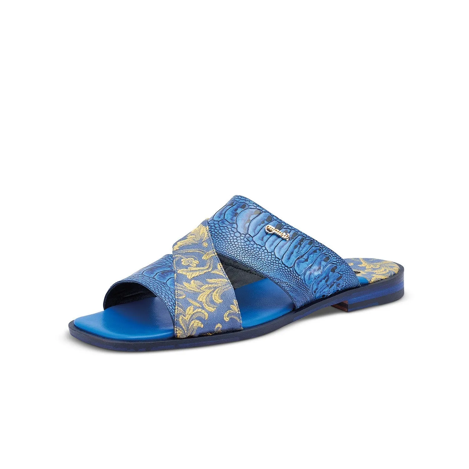 Mauri 5140 Cancun Men's Shoes New Blue Exotic Ostrich Leg / Gobelins Fabric Slip-On Sandals (MA5416)