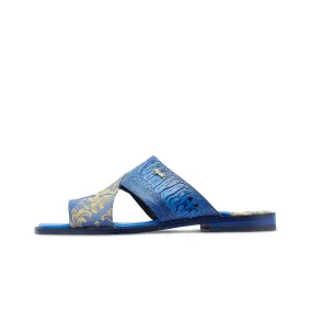 Mauri 5140 Cancun Men's Shoes New Blue Exotic Ostrich Leg / Gobelins Fabric Slip-On Sandals (MA5416)