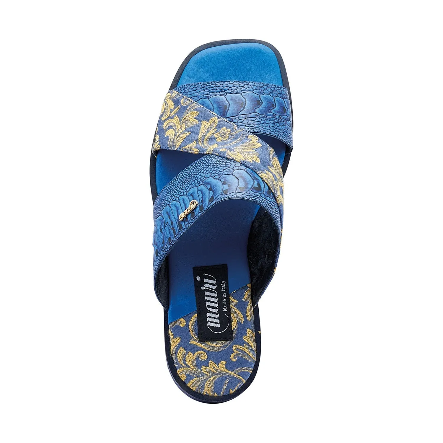 Mauri 5140 Cancun Men's Shoes New Blue Exotic Ostrich Leg / Gobelins Fabric Slip-On Sandals (MA5416)