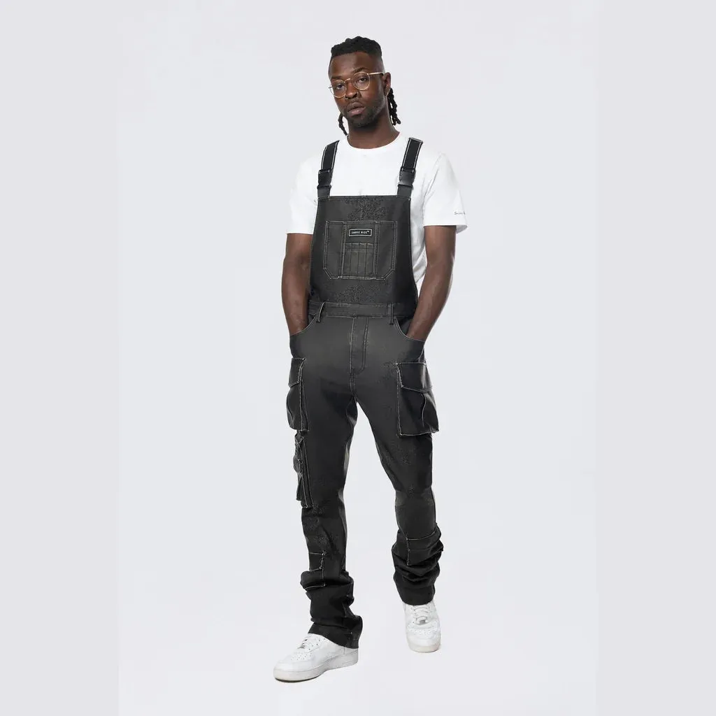 Men's Smoke Rise Stacked Vegan Leather Overalls Washed Black