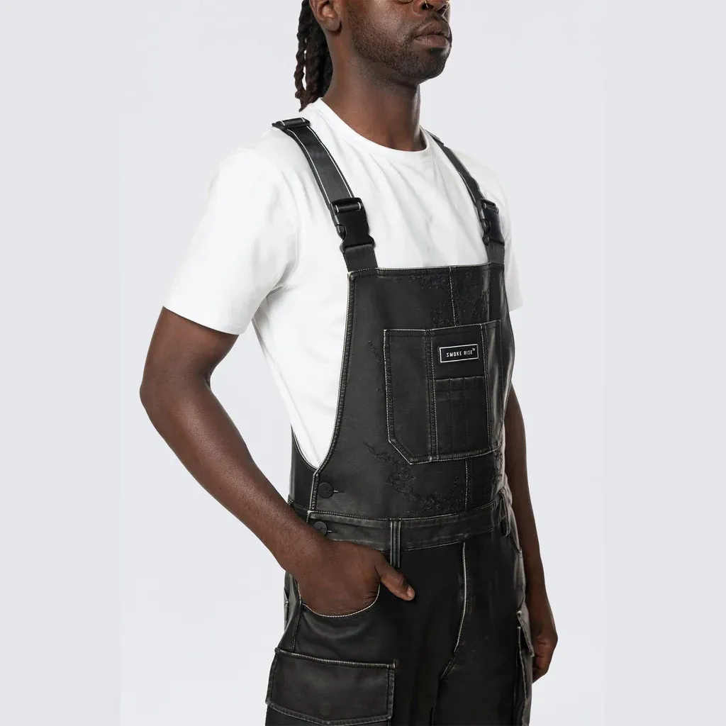 Men's Smoke Rise Stacked Vegan Leather Overalls Washed Black