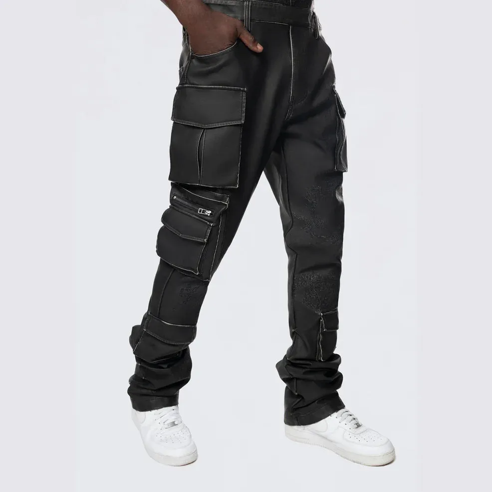 Men's Smoke Rise Stacked Vegan Leather Overalls Washed Black