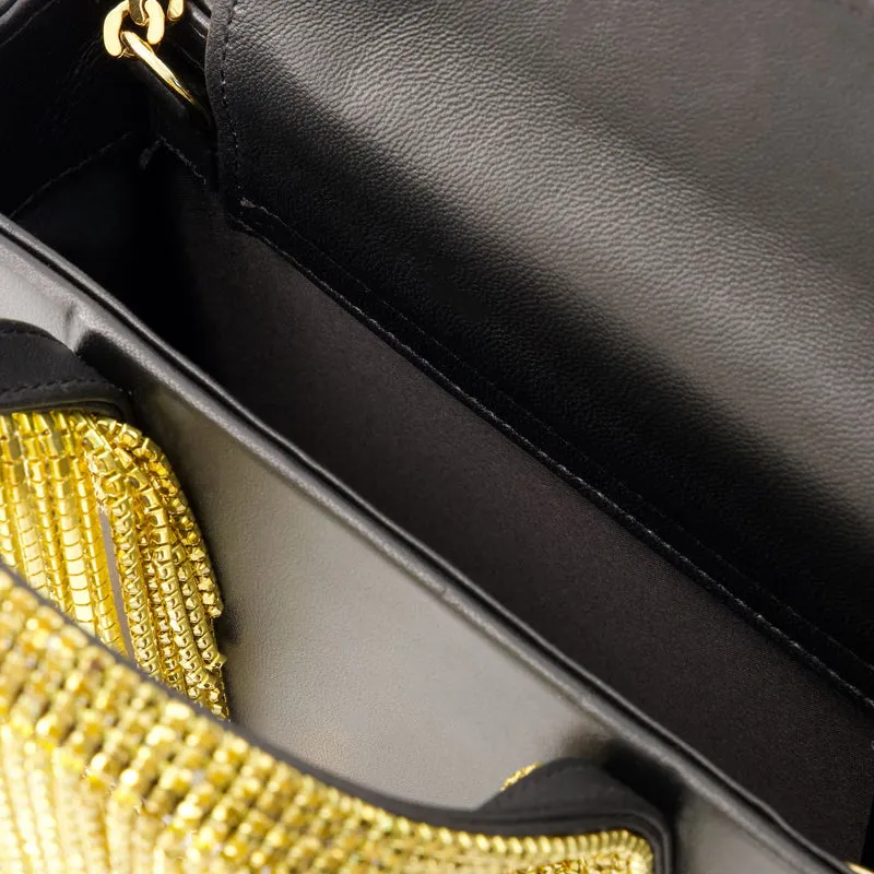 Midi Crystal Fringe Bag - Kara - Leather - Black/Gold