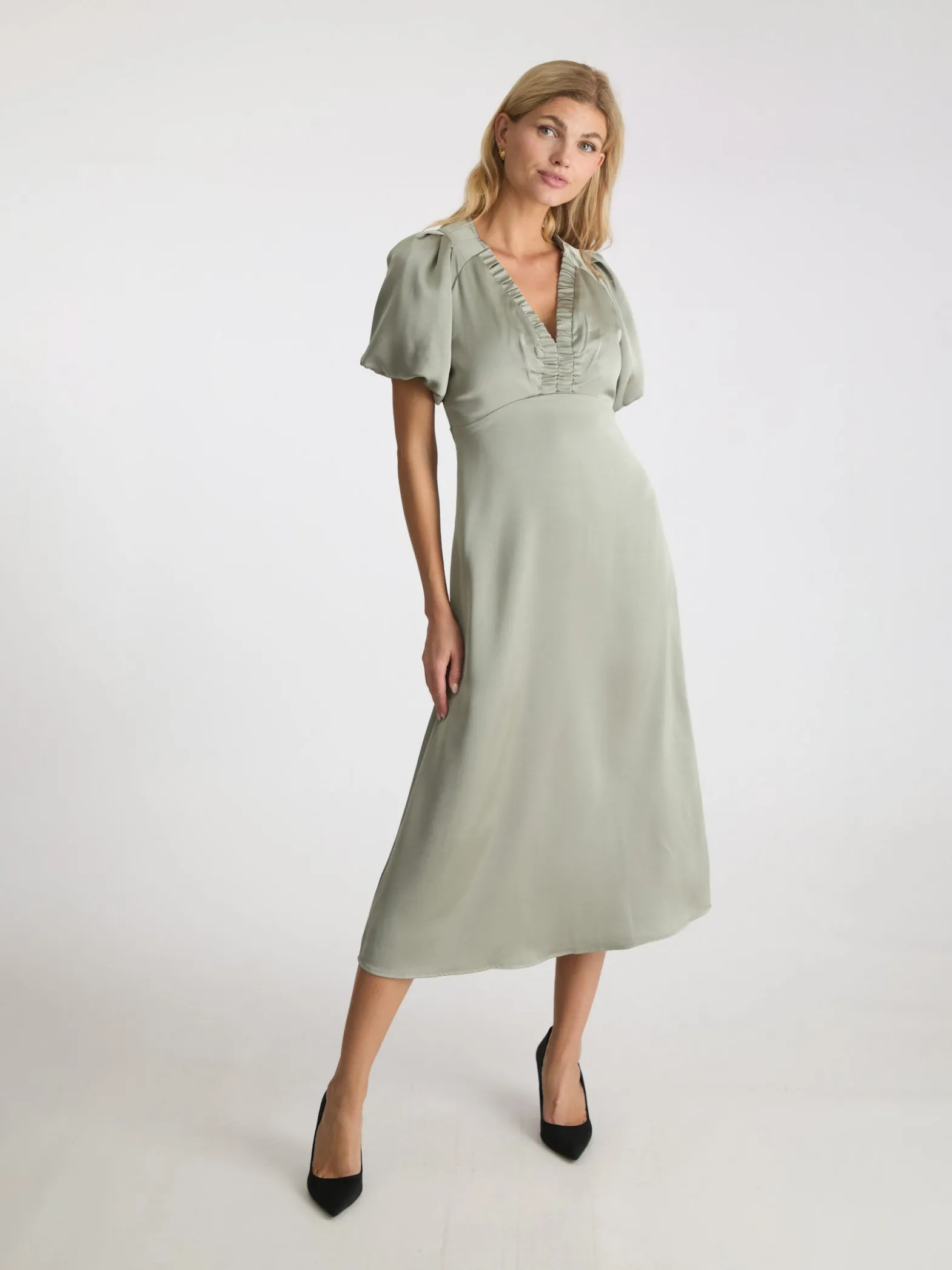 NEO NOIR DRESS ILLANA HEAVY SATEEN SMOKE GREEN