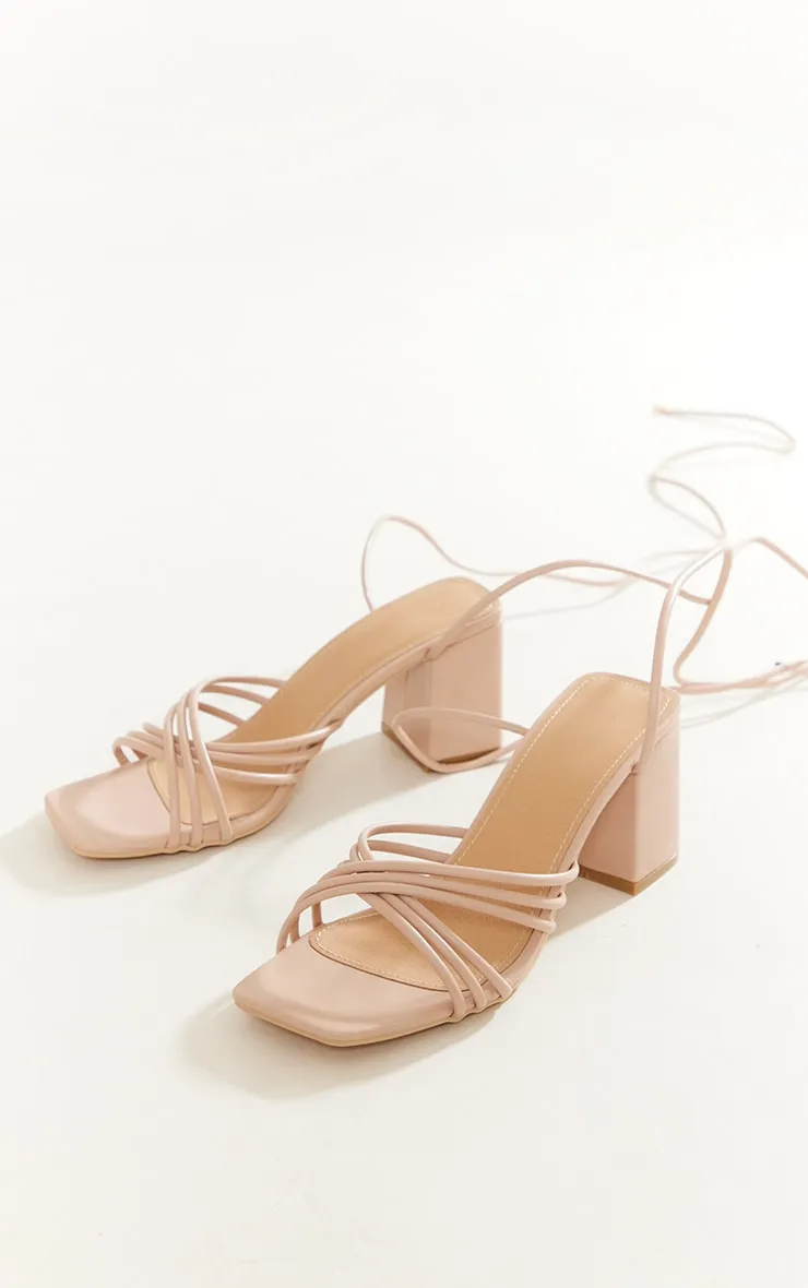 Nude Square Criss Cross Strap Blockheel Up Sandals