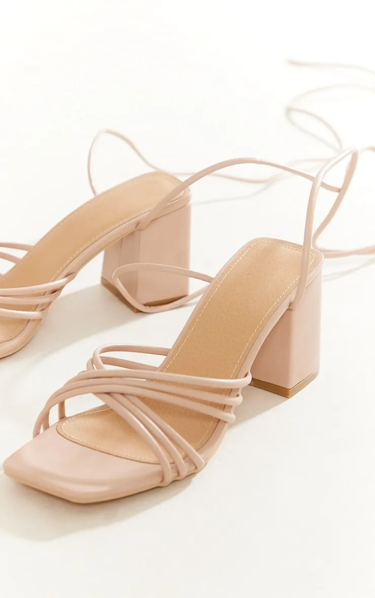 Nude Square Criss Cross Strap Blockheel Up Sandals