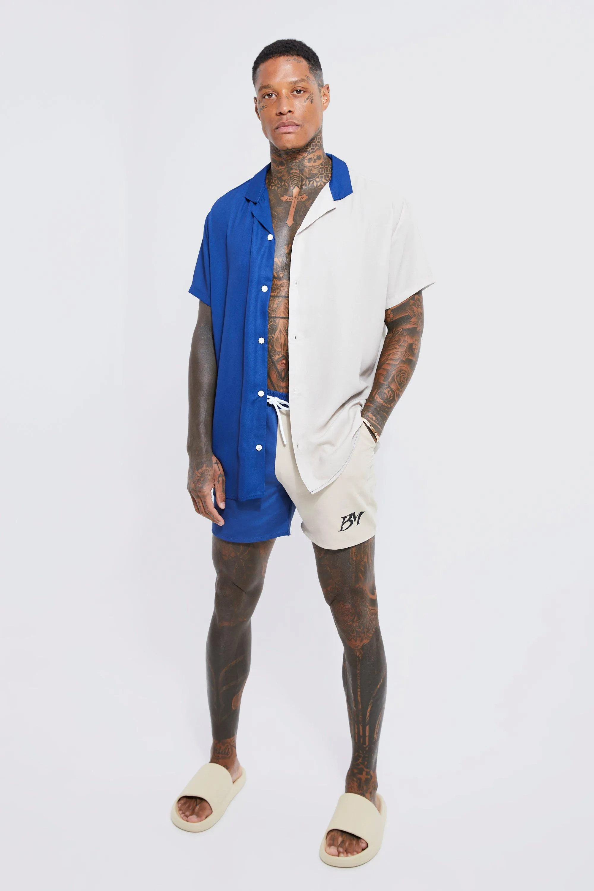 Oversized Short Sleeve Spliced Bm Shirt And Swim Set | boohooMAN UK