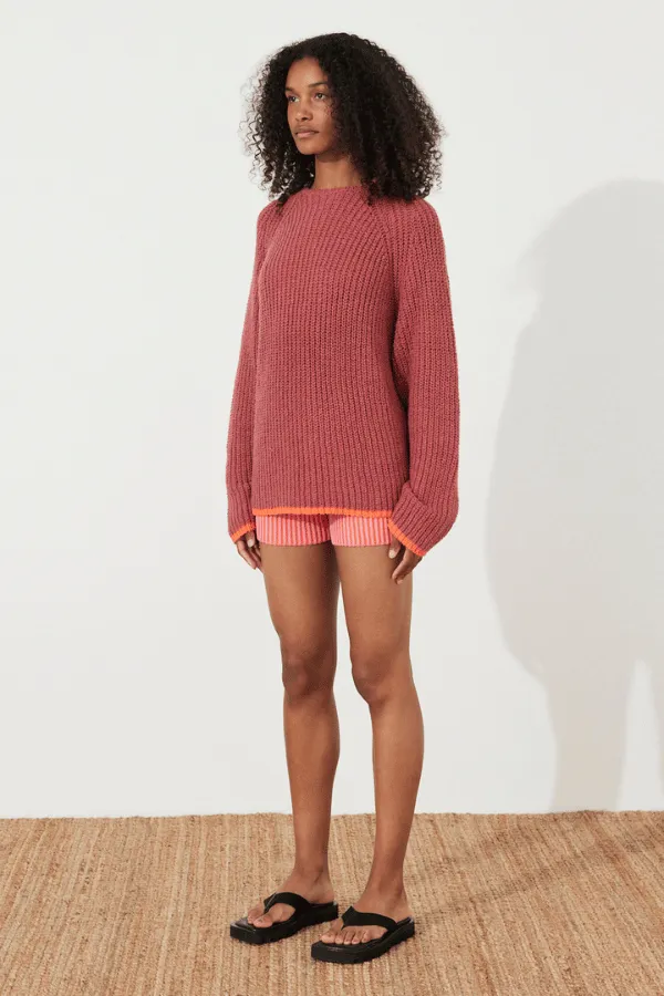 Plum Contrast Rib Knit Jumper