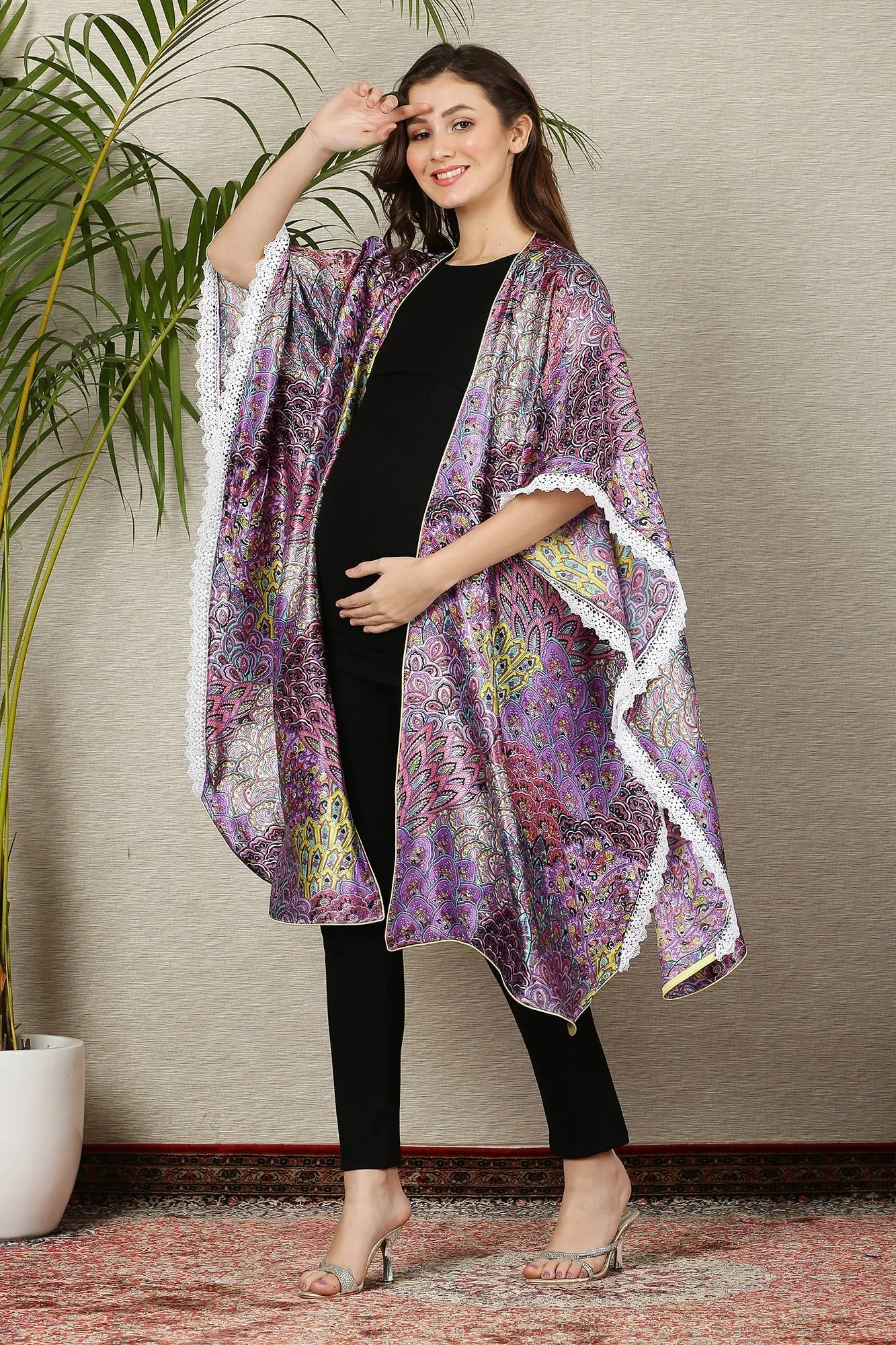 Plum Peacock Fringe Maternity Satin Cover Up