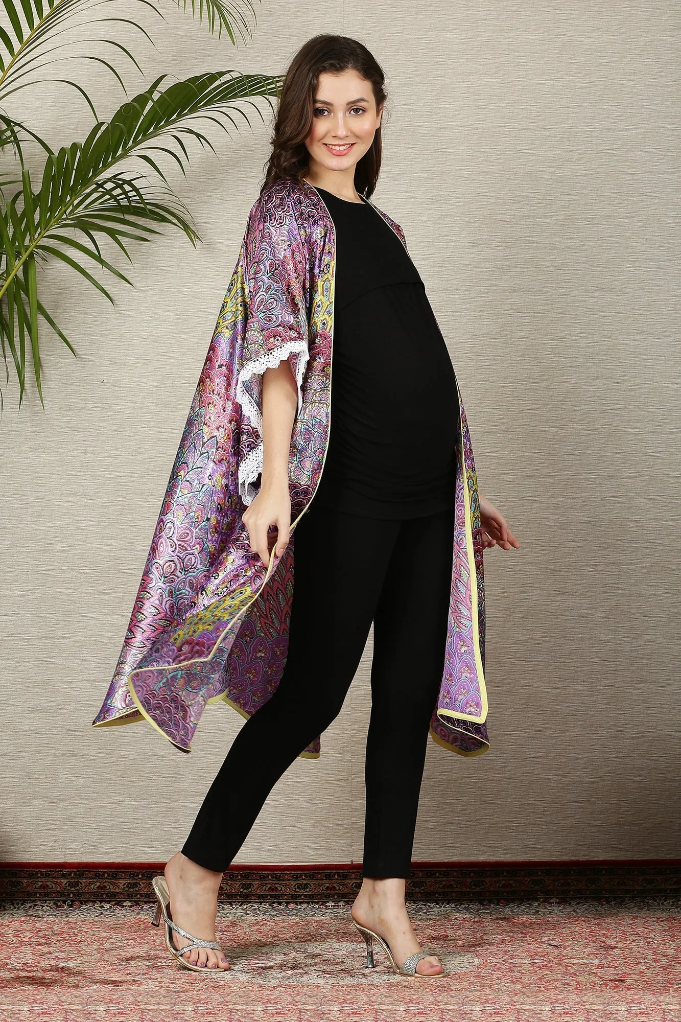 Plum Peacock Fringe Maternity Satin Cover Up