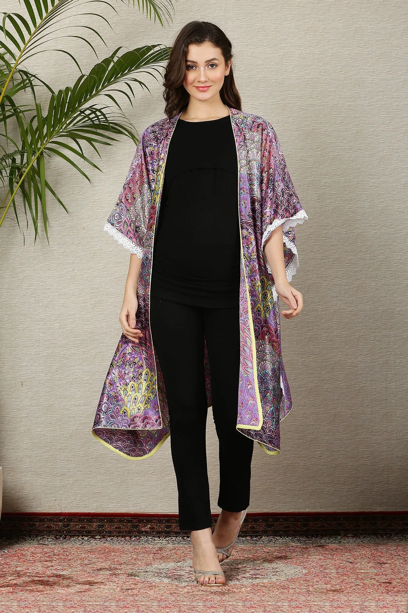 Plum Peacock Fringe Maternity Satin Cover Up