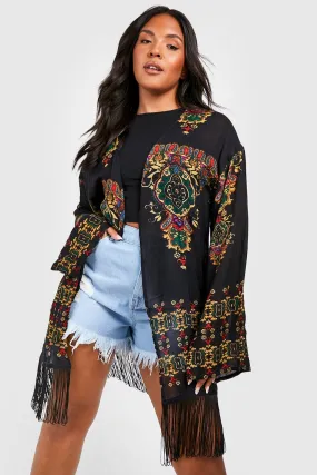 Plus Printed Fringe Kimono