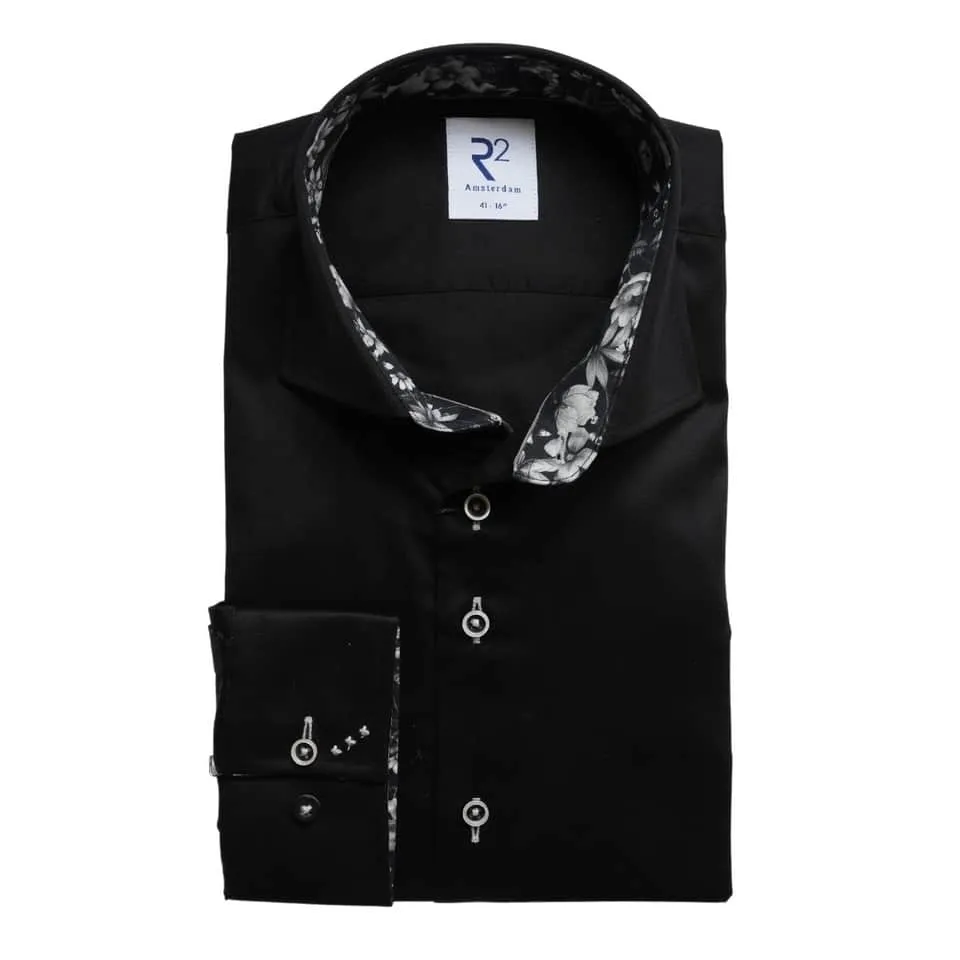 R2 Amsterdam Monochrome Autumn Floral Trim Black Shirt | Menswear Online