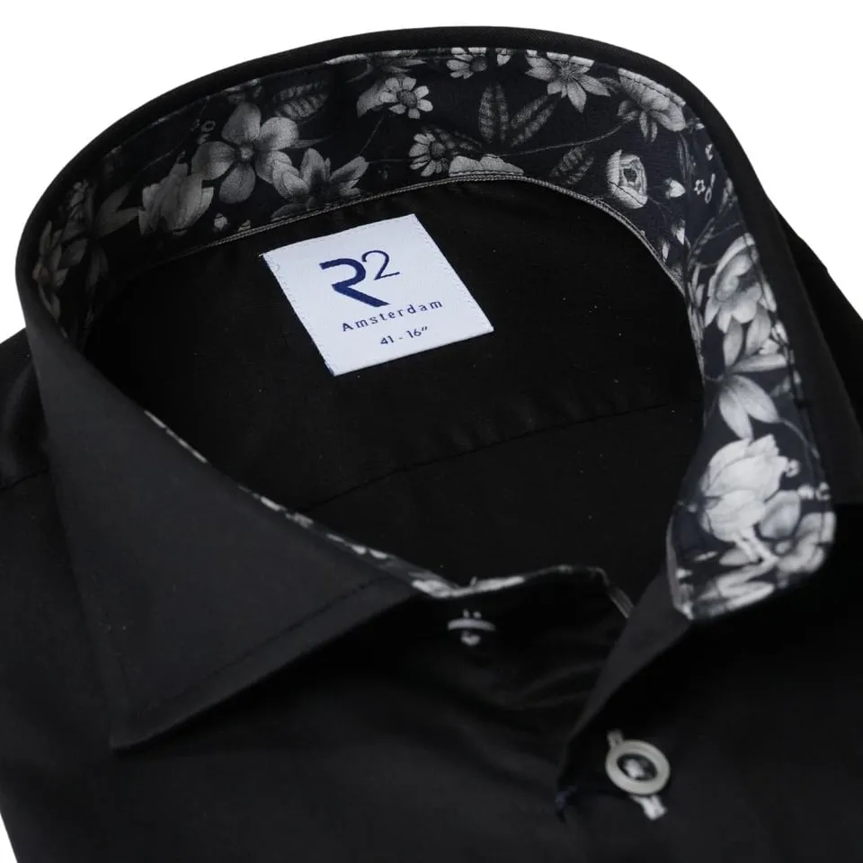 R2 Amsterdam Monochrome Autumn Floral Trim Black Shirt | Menswear Online