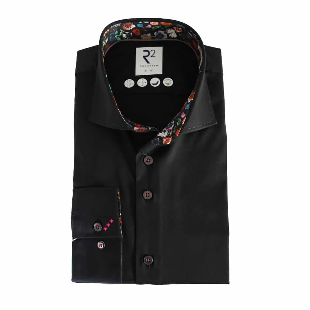 R2 Amsterdam Multi Floral Trim Collar & Cuffs Black Shirt | Menswear Online