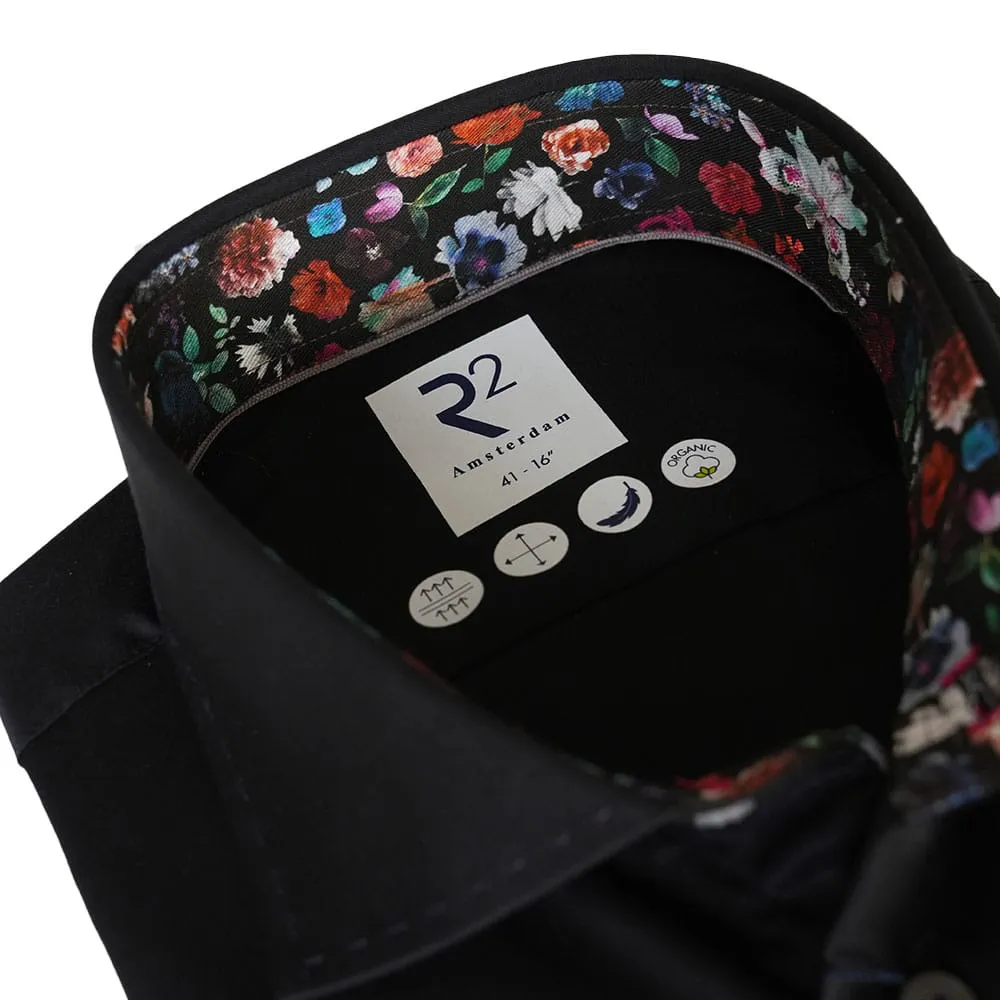 R2 Amsterdam Multi Floral Trim Collar & Cuffs Black Shirt | Menswear Online