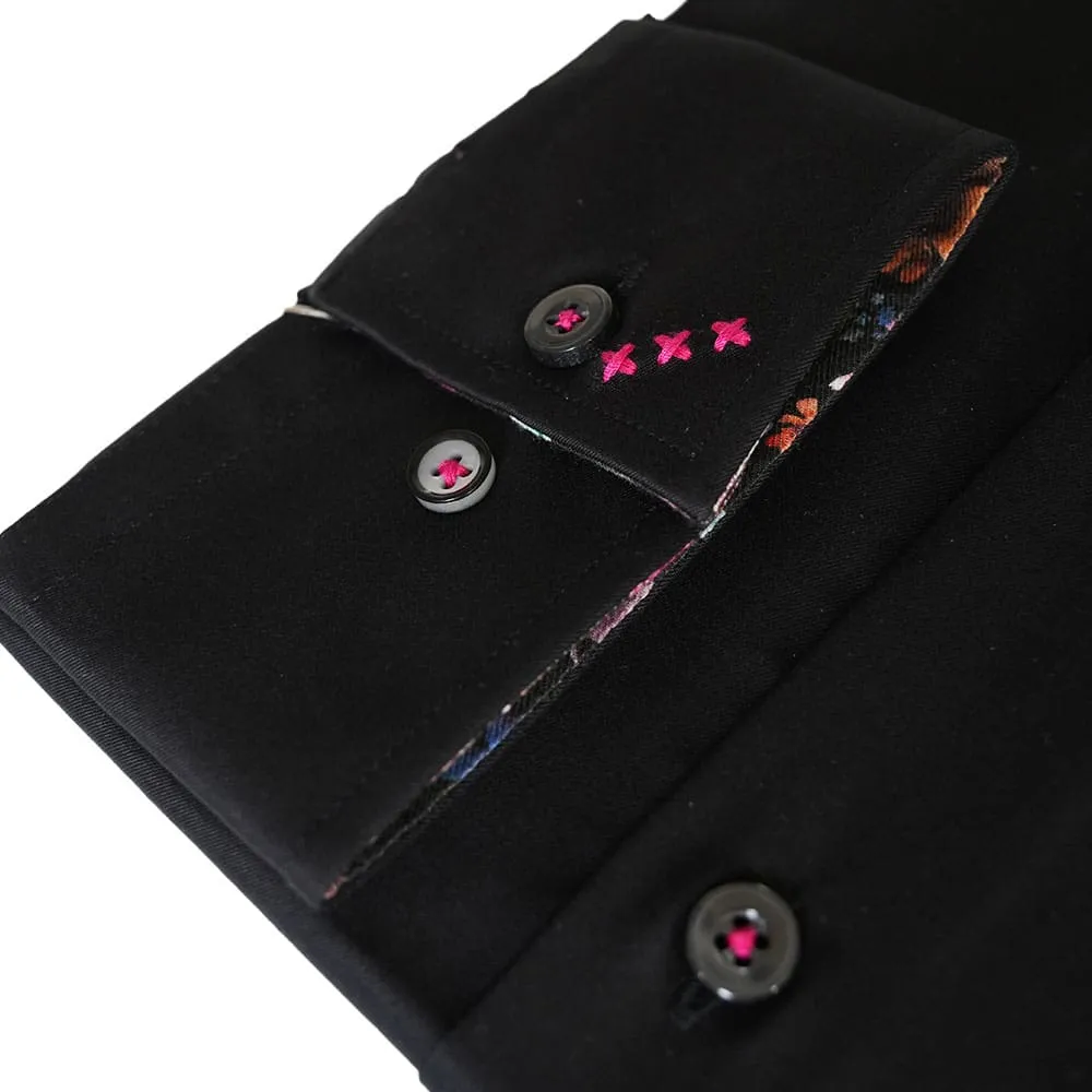 R2 Amsterdam Multi Floral Trim Collar & Cuffs Black Shirt | Menswear Online