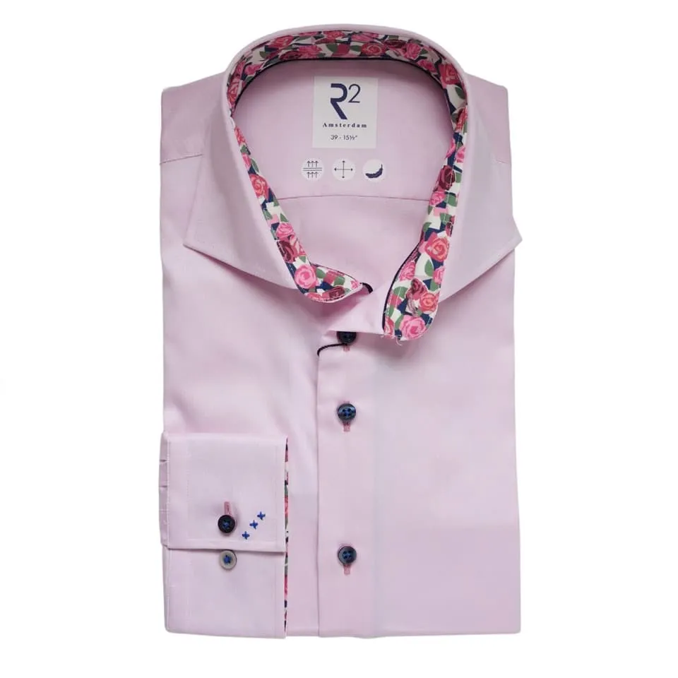 R2 Amsterdam Roses Trim Cuffs & Collar Pink Shirt | Menswear Online