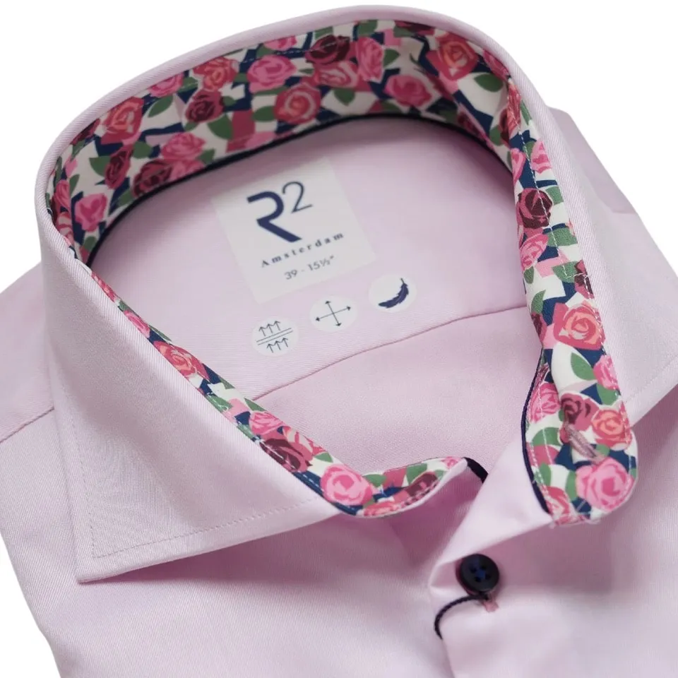 R2 Amsterdam Roses Trim Cuffs & Collar Pink Shirt | Menswear Online