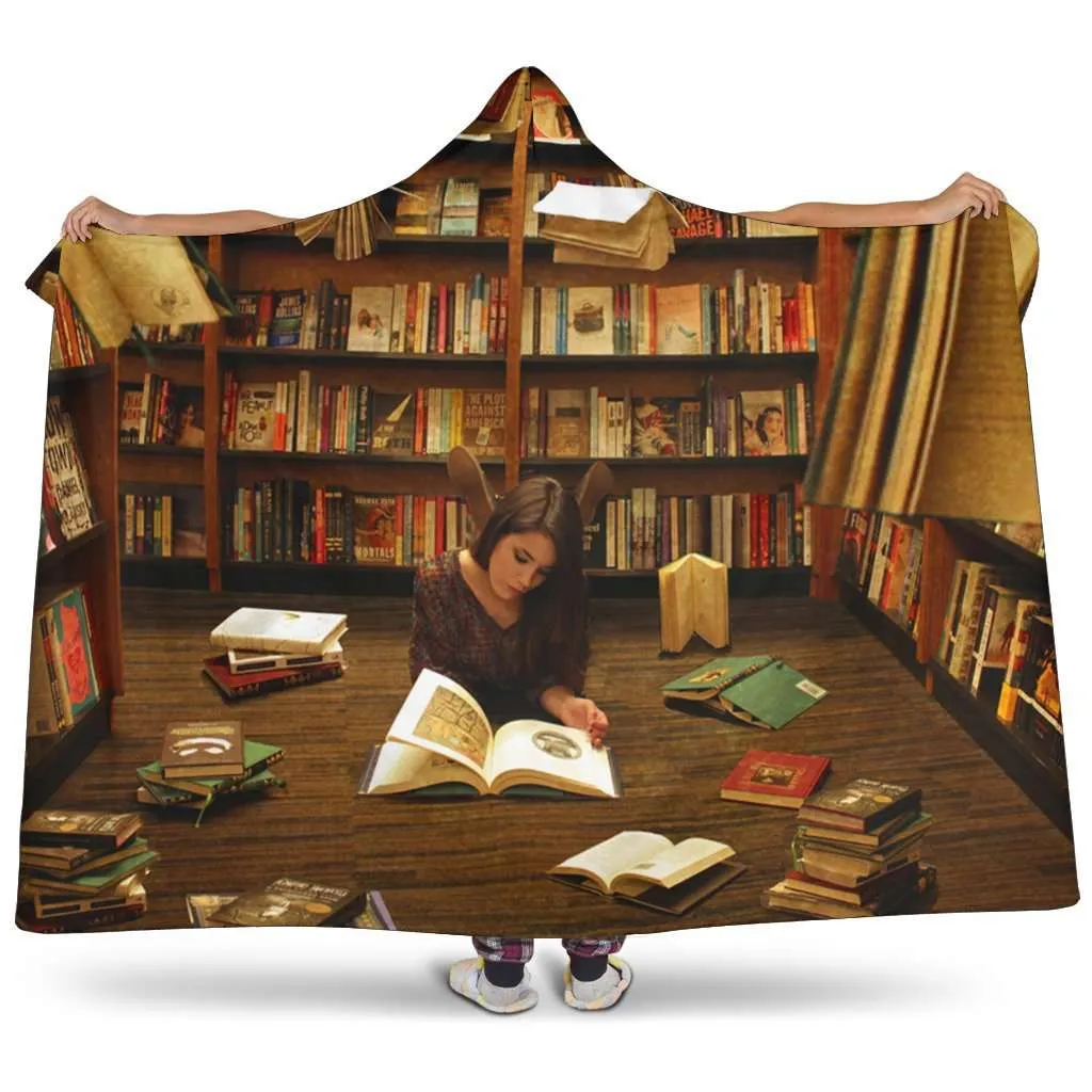 reading at library hooded blanket