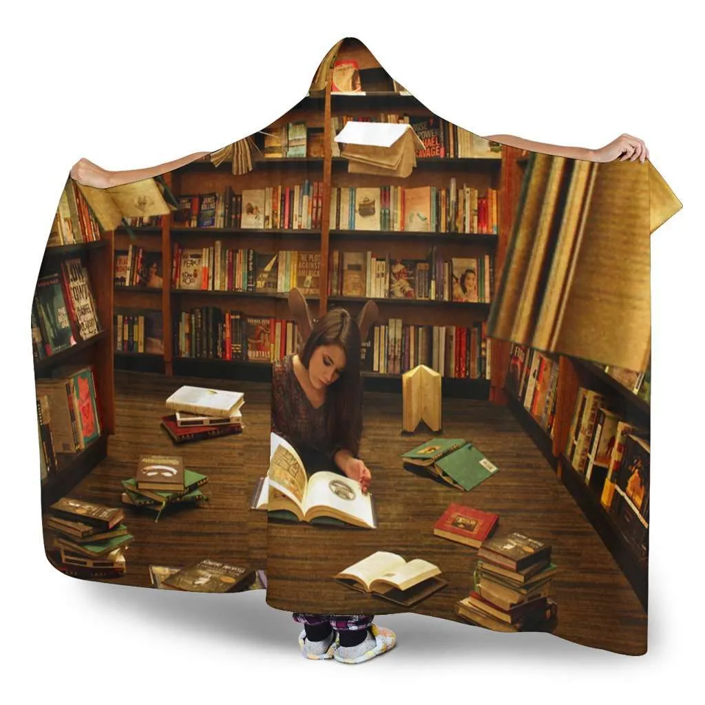 reading at library hooded blanket