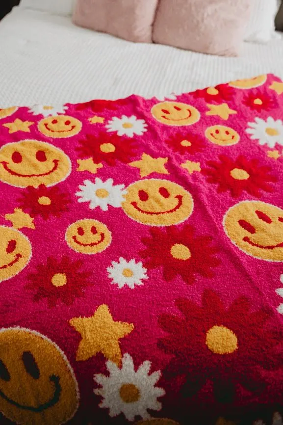 Red Flower Smiley Face Oversized Throw Blanket