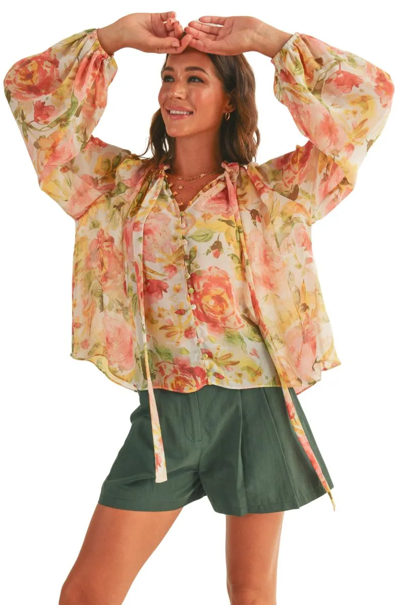 Reset By Jane Floral Button Up Blouse in Pink/Yellow