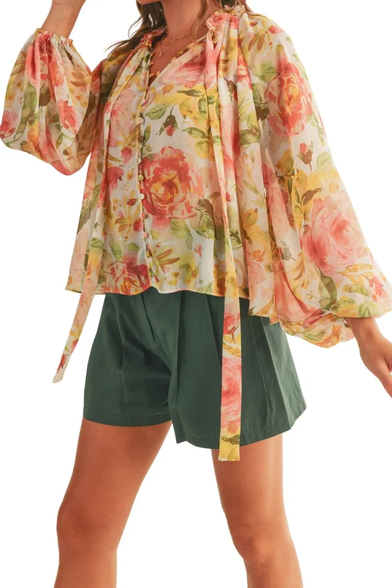 Reset By Jane Floral Button Up Blouse in Pink/Yellow