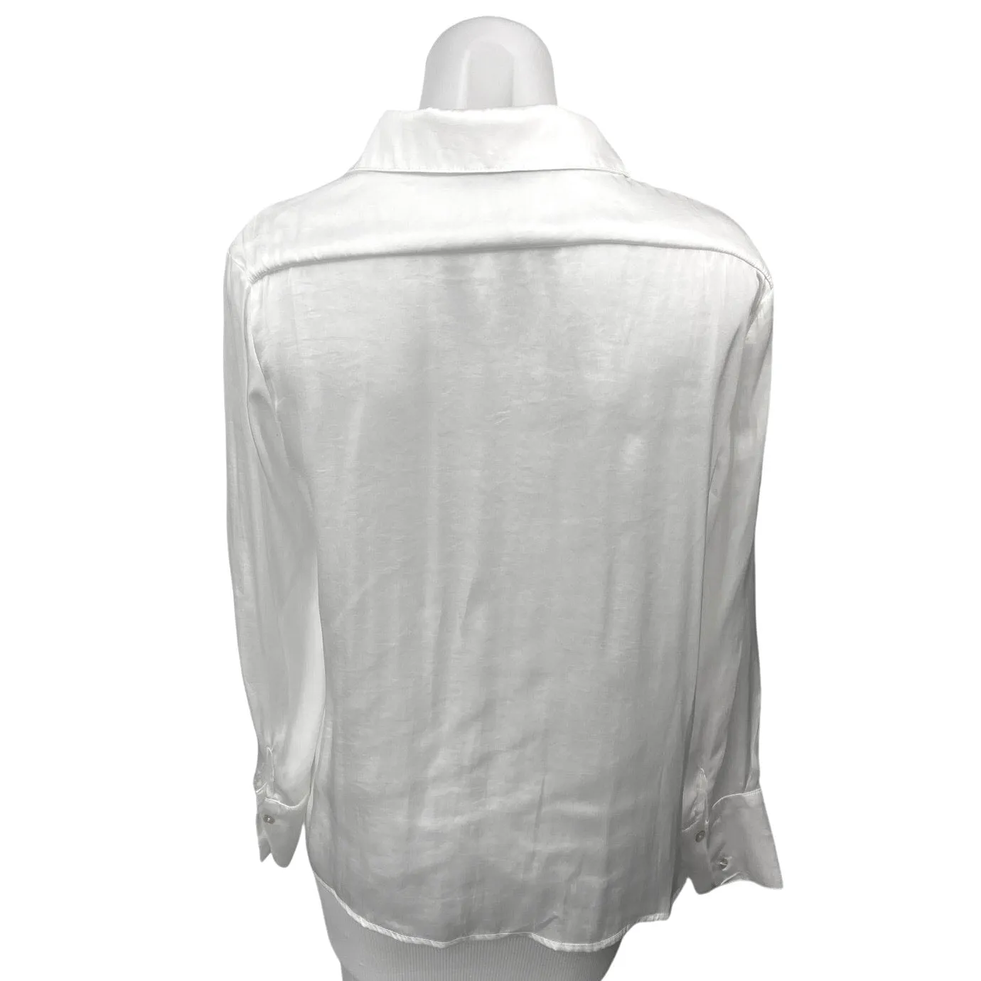 Reset Women's White Silk Satin Button Up Long Sleeve Pockets Shirt Blouse Top S