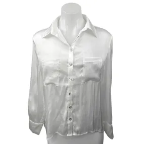 Reset Women's White Silk Satin Button Up Long Sleeve Pockets Shirt Blouse Top S