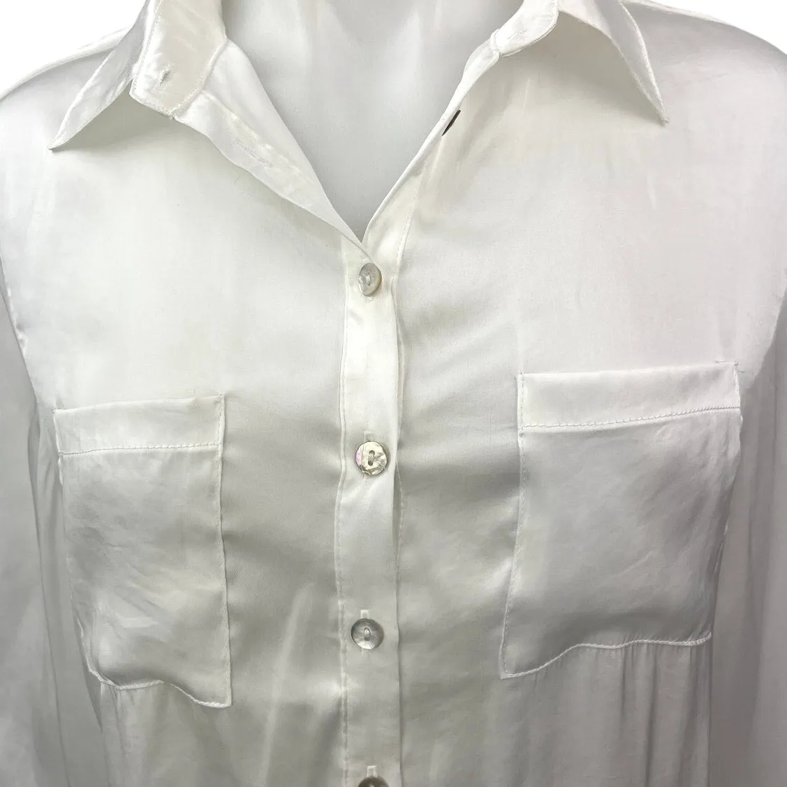 Reset Women's White Silk Satin Button Up Long Sleeve Pockets Shirt Blouse Top S