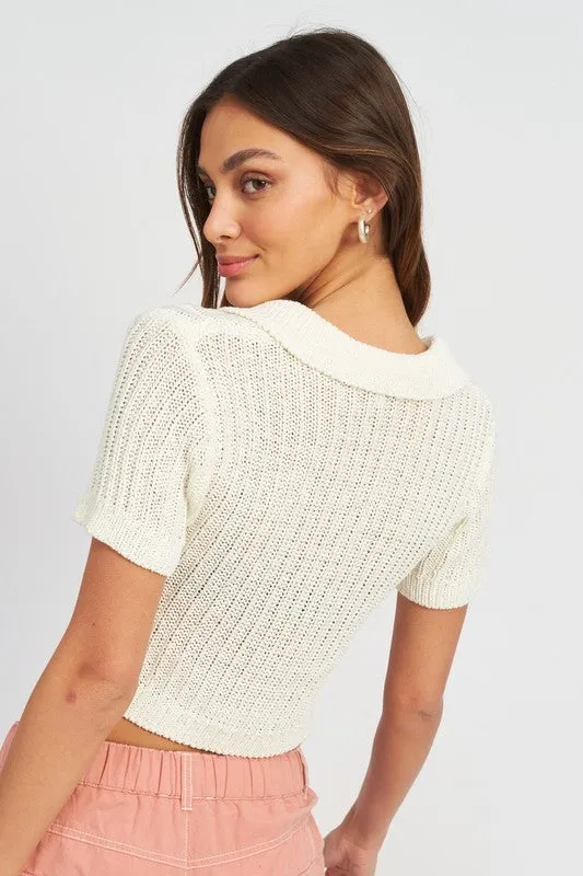 Ribbed Knit Collared Crop Top