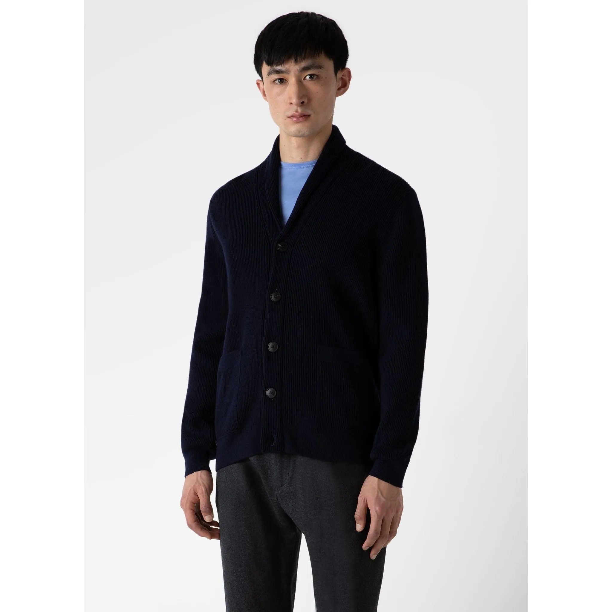 Ribbed Shawl Neck Cardigan | Men | Navy