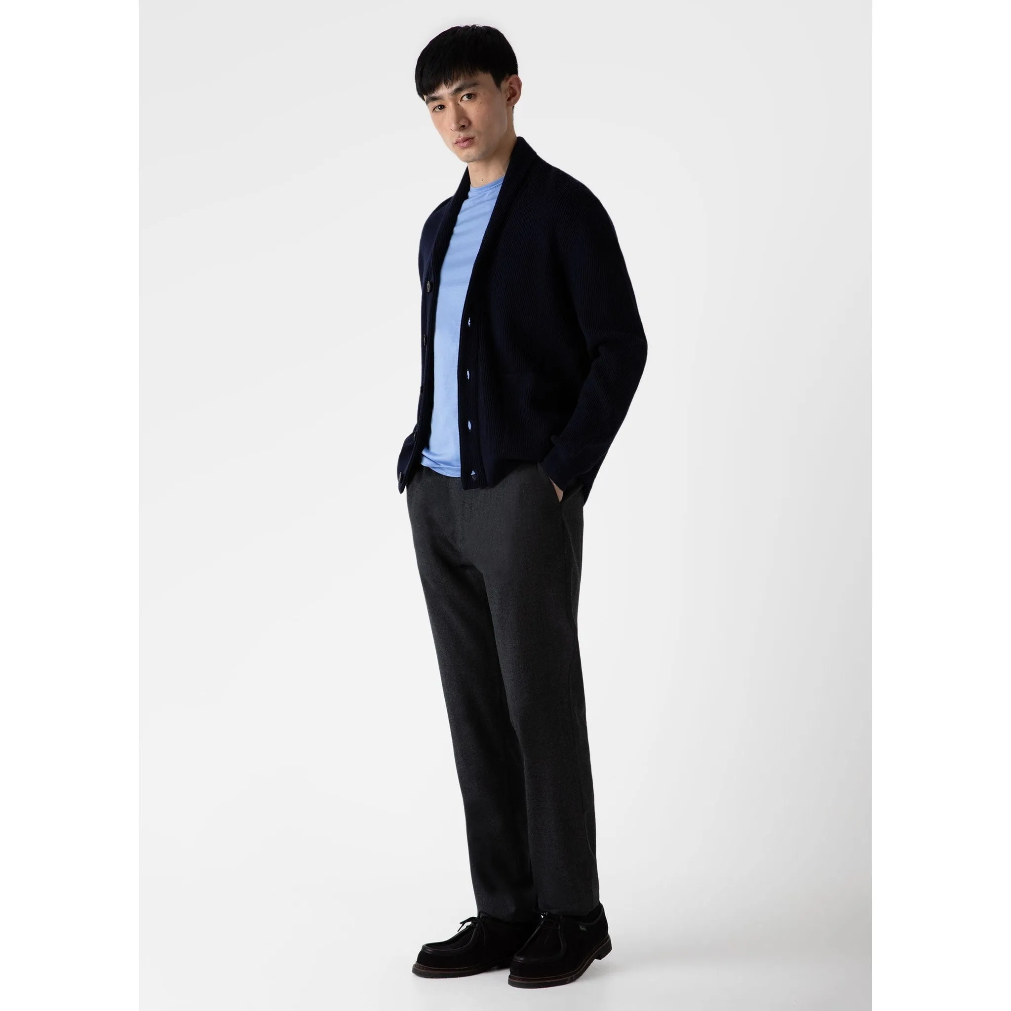 Ribbed Shawl Neck Cardigan | Men | Navy