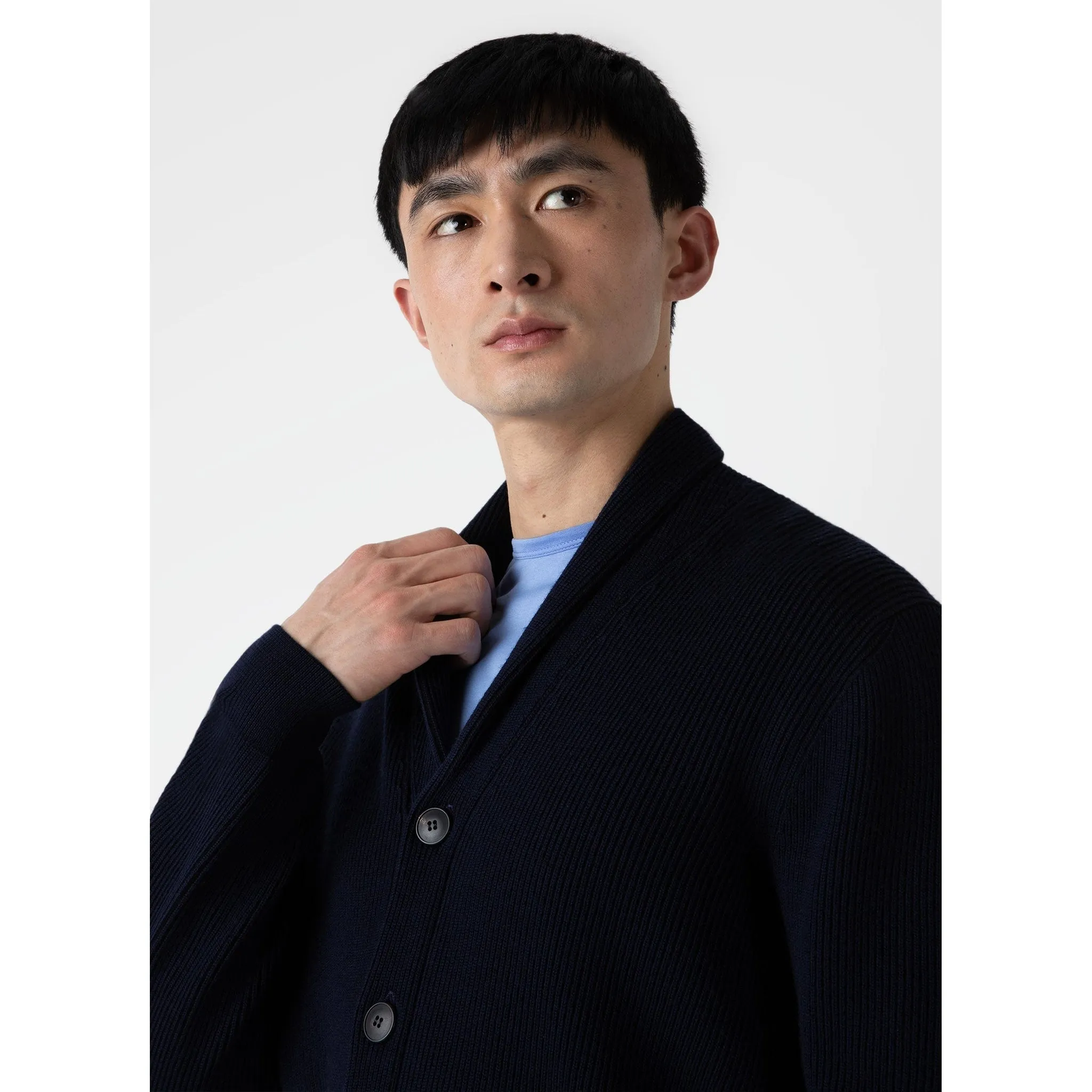 Ribbed Shawl Neck Cardigan | Men | Navy